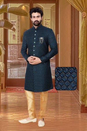 Navy Blue Velvet Indo Western Sherwani